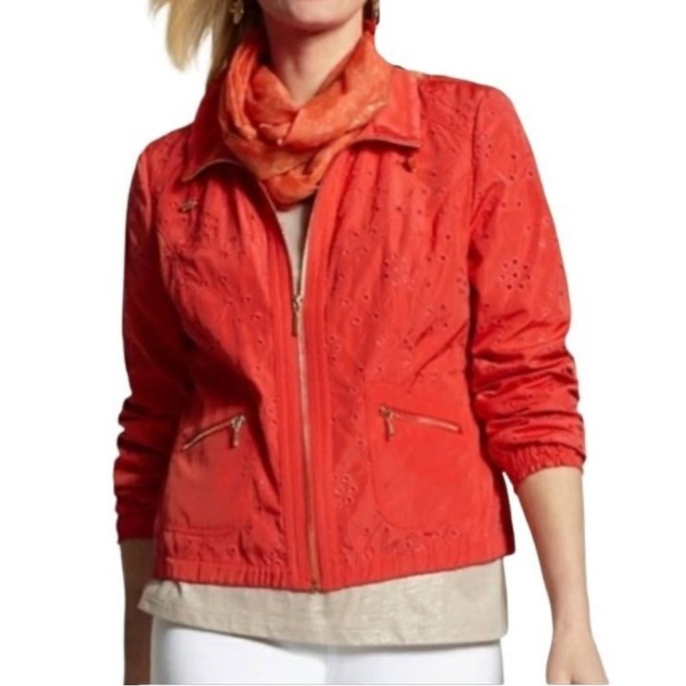 Zenergy by Chicos Red Orange Full Zip Rain Jacket Eyelet Print Size 1 (8-10)